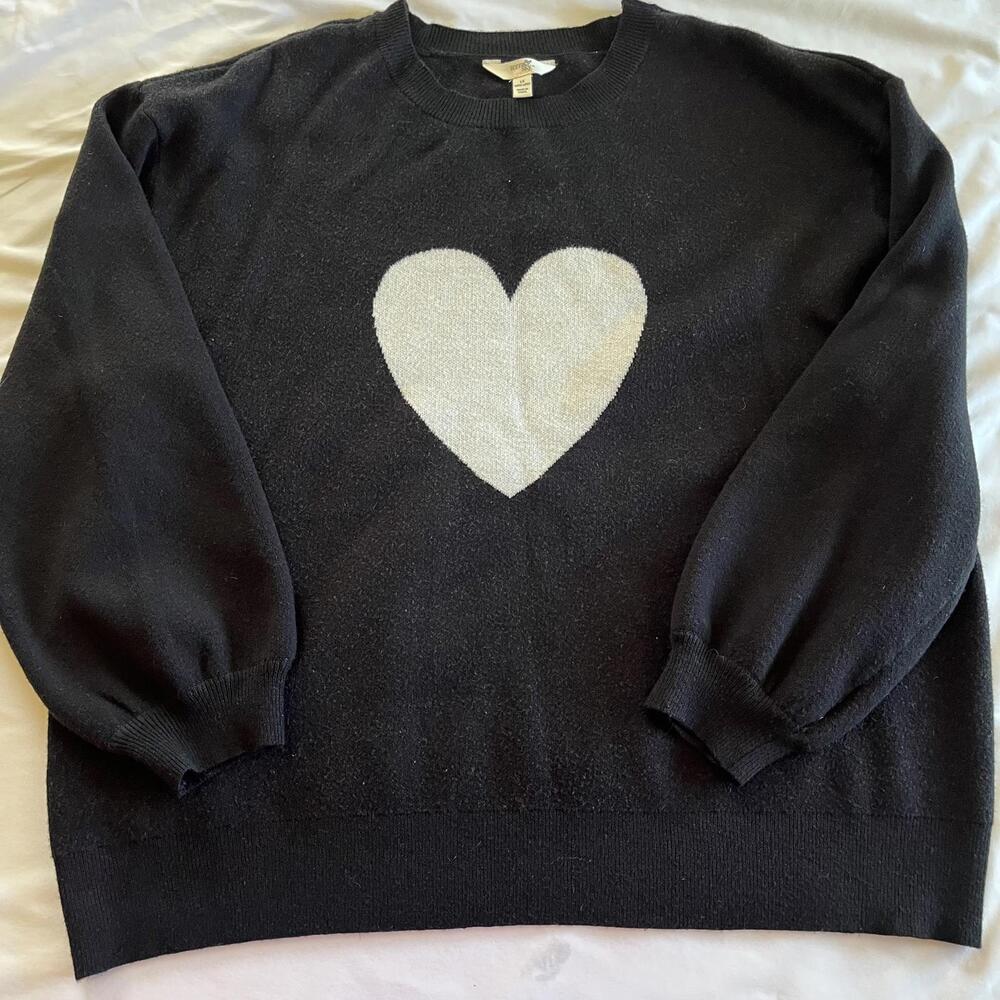 Terra & Sky Sweater Black with White Heart Design Women's Plus Size 2X Cozy